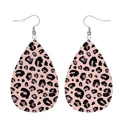 Schneeleopard Damen Lederohrringe, Tierhaut Rosa Schwarz Beige Leopardenmuster Charm Teardrop Kunstleder Ohrhänger Sexy Ohrringe für Party Urlaub Schmuck von Lsjuee