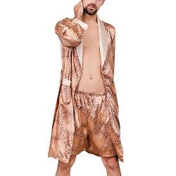 Lu's Chic Herren-Satin-Pyjama-Set, Seide, Bademantel, Shorts, lange Ärmel, Taschen, weiches Kimono-Bademantel-Set - Gold - Large von Lu's Chic