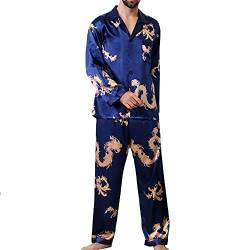 Lu's Chic Herren Seidig Pyjama Set Satin Langarm Loungewear Button Down Luxus Pj Nachtwäsche, Blau, X-Large von Lu's Chic