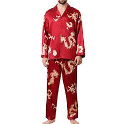 Lu's Chic Herren Seidig Pyjama Set Satin Langarm Loungewear Button Down Luxus Pj Nachtwäsche, Rot/Ausflug, einfarbig (Getaway Solids), Medium von Lu's Chic