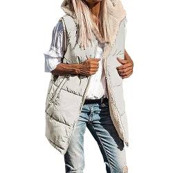 Lang Weste Damen Warm Daunenweste Ärmellos Herbst Winter Steppweste Casual Mantel Jacke mit Kapuze Sherpa Fleece Gefüttert Longweste Baumwolle Reversibel Einfarbig Winterjacke mit Taschen Steppjacke von Luadnysin