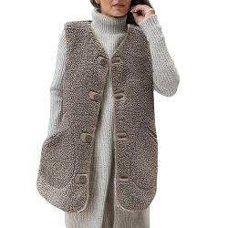 Luadnysin Fellweste Damen Kunstfell Fleeceweste Plüschweste Teddy Fleece Weste mit Taschen Herbst Winter Outdoor Soft Warm Daunenweste Steppweste Bequem Ärmellos Weste Teddyfell Braun Kuschelweste von Luadnysin