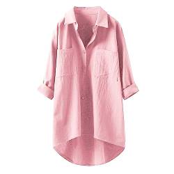 Luadnysin Karierte Bluse Damen Lang Leinenhemd Knopfleiste Hemd Lose Frühling Leinenbluse Longbluse Blusenshirt Oberteile Tunika Große Größen Tops T-Shirts & Blusen für Frauen, Z9 Pink, XXL von Luadnysin