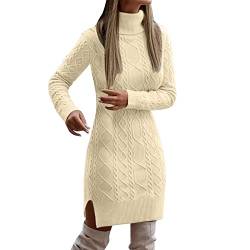 Luadnysin Langarm Kleid Damen Lang, Herbstkleid Langarm Kleid Strick Elegant Rollkragen Samtkleid Herbstkleider Grobstrick Beige Pulloverkleid Sweater Langarm Autumn Longpullover von Luadnysin