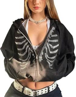 Y2K Zip Up Hoodie Damen Pullover Goth Skeleton Graphics Aesthetic Vintage Hoodie Teenager Mädchen Y2K Jacke Zipper Hoodie Sipperjacke Sweatshirt Oversized Sweatjacke Mit Kapuze 90Er E-Girl Tops von Luadnysin