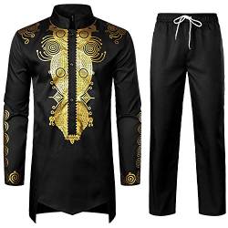 LucMaton Herren Afrikanisches 2-teiliges Set Langarm Gold Print Dashiki und Hose Outfit Traditioneller Anzug, schwarz, M von LucMatton