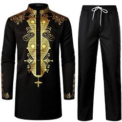 LucMaton Herren Afrikanisches 2-teiliges Set Langarm Golddruck Dashiki und Hosen Outfit Traditioneller Anzug, Black Gold a, Mittel von LucMatton