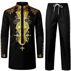 LucMaton afrikanisches 2-teiliges Herren-Set, langärmelig, Golddruck, Dashiki und Hose, traditioneller Anzug, Schwarz / Gold A, Large von LucMatton