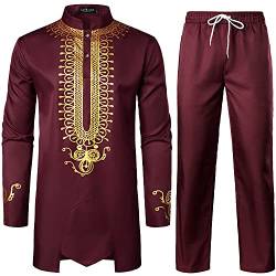 LucMatton Afrikanisches Herren-Outfit, 2-teiliges Set, Langarm-Dashiki mit Gold-Print und Hose, traditioneller Anzug, Burgunderrot, L von LucMatton