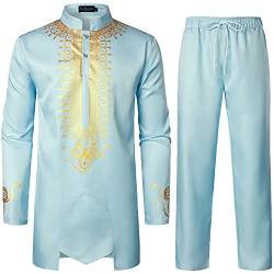 LucMatton Afrikanisches Herren-Outfit, 2-teiliges Set, Langarm-Dashiki mit Gold-Print und Hose, traditioneller Anzug, Hellblau-C, XL von LucMatton