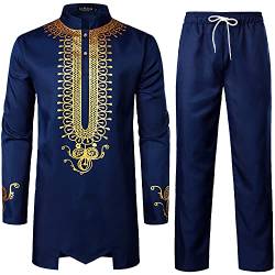 LucMatton Afrikanisches Herren-Outfit, 2-teiliges Set, Langarm-Dashiki mit Gold-Print und Hose, traditioneller Anzug, L von LucMatton