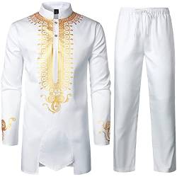 LucMatton Afrikanisches Herren-Outfit, 2-teiliges Set, Langarm-Dashiki mit Gold-Print und Hose, traditioneller Anzug, XL von LucMatton