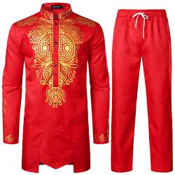 LucMatton Afrikanisches Herren-Outfit, 2-teiliges Set, Langarm-Dashiki mit Gold-Print und Hose, traditioneller Anzug, rot, M von LucMatton