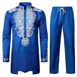 LucMatton Afrikanisches Herren-Outfit, Langarm-Dashiki mit Golddruck und Hose, traditioneller Anzug, 2-teiliges Set, königsblau, XL von LucMatton