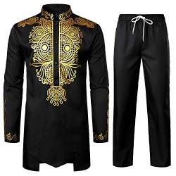 LucMatton Afrikanisches Herren-Outfit, Langarm-Dashiki mit Golddruck und Hose, traditioneller Anzug, 2-teiliges Set, schwarz / goldfarben, S von LucMatton