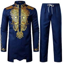 LucMatton Afrikanisches Herren-Outfit, Langarm-Dashiki mit goldfarbenem Druck und Hose, traditioneller Anzug, 2-teiliges Set, indigoblau, XL von LucMatton
