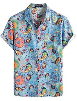 LucMatton Hawaiihemden für Herren, Baumwoll-Leinen, traditionelle Druckmotive, kurze Ärmel, Knopfleiste, blau, L von LucMatton
