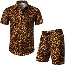 LucMatton Herren 2 Stück Blumen Outfits Hipster Leopard Kurzarm Button Down Hemd und Shorts Set für Club Party Gold Leopard Klein von LucMatton