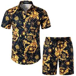 LucMatton Herren 2 Stück Blumen Outfits Hipster Luxus Print Kurzarm Button Down Hemd und Shorts Set für Club Party Schwarz Gold Klein von LucMatton