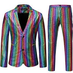 LucMatton Herren 2 Stück Disco Sets Glänzende Jacke und Hose Metallic Pailletten Anzüge, mehrfarbig, XL von LucMatton