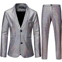 LucMatton Herren 2 Stück Disco Sets Glänzende Jacke und Hose Metallic Pailletten Anzüge, silber, XL von LucMatton