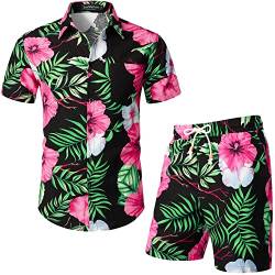 LucMatton Herren 2-teilige lässige Blumendruck-Outfits Sommer Hawaiian Kurzarm-Button-Down-Hemd und Shorts-Sets für tropischen Strandurlaub Schwarz Rosa XX-Large von LucMatton