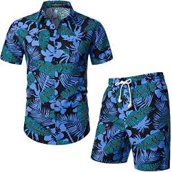 LucMatton Herren 2-teilige lässige Blumendruck-Outfits Sommer Hawaiian Kurzarm-Button-Down-Hemd und Shorts-Sets für tropischen Strandurlaub blau groß von LucMatton