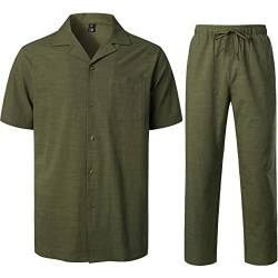 LucMatton Herren 2-teilige lässige Leinen-Outfits Sommer kubanischer Kragen Wanderanzüge für Strand Urlaub, Grün (Army Green), L von LucMatton