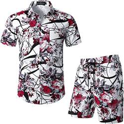 LucMatton Herren 2-teilige stilvolle Blumenoutfits Casual Blumenprint Kurzarm zugeknöpftes Hemd und Shorts Set für Sommer Tropical Beach Urlaub Weiß Rot Klein von LucMatton