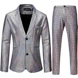 LucMatton Herren 2-teiliges Disco-Set, glänzende Jacke und Hose, metallische Pailletten-Anzüge, silber, Large von LucMatton