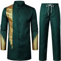 LucMatton Herren 2-teiliges Outfit Langarm Knopfleiste Hemd und Hose Traditioneller Ethnoanzug, dunkelgrün, Groß von LucMatton