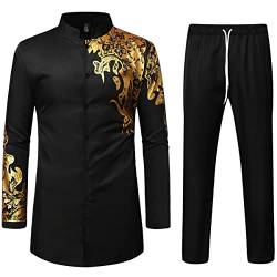 LucMatton Herren 2-teiliges Outfit Langarm Knopfleiste Hemd und Hose Traditioneller ethnischer Anzug, Black Gold-a, L von LucMatton