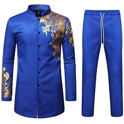 LucMatton Herren 2-teiliges Outfit Langarm Knopfleiste Hemd und Hose Traditioneller ethnischer Anzug, Royal Blue-b, XL von LucMatton