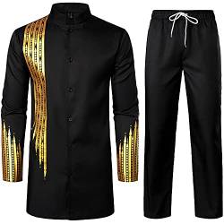 LucMatton Herren 2-teiliges Outfit Langarm Knopfleiste Hemd und Hose Traditioneller ethnischer Anzug, Schwarz, M von LucMatton