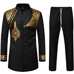 LucMatton Herren 2-teiliges Outfit Langarm Knopfleiste Hemd und Hose Traditioneller ethnischer Anzug, Schwarz-Gold-C, XL von LucMatton