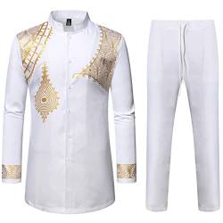 LucMatton Herren 2-teiliges Outfit Langarm Knopfleiste Hemd und Hose Traditioneller ethnischer Anzug, Weißgold-C, S von LucMatton