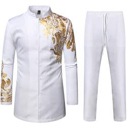 LucMatton Herren 2-teiliges Outfit Langarm Knopfleiste Hemd und Hose Traditioneller ethnischer Anzug, Weißgold-b, S von LucMatton