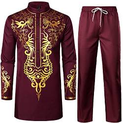 LucMatton Herren Afrikanisches 2-teiliges Set Langarm Gold Print Dashiki und Hose Outfit Traditioneller Anzug, Burgundy, XXL von LucMatton