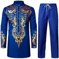 LucMatton Herren Afrikanisches 2-teiliges Set Langarm Gold Print Dashiki und Hose Outfit Traditioneller Anzug, Königsblau-a, XL von LucMatton