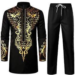 LucMatton Herren Afrikanisches 2-teiliges Set Langarm Gold Print Dashiki und Hose Outfit Traditioneller Anzug, Schwarz A, M von LucMatton