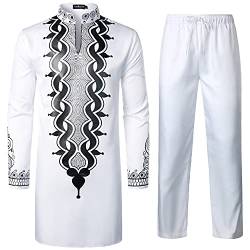 LucMatton Herren Afrikanisches 2-teiliges Set Langarm Gold Print Dashiki und Hose Outfit Traditioneller Anzug, Weiß / Schwarz-B, XL von LucMatton