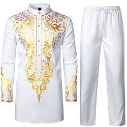 LucMatton Herren Afrikanisches 2-teiliges Set Langarm Gold Print Dashiki und Hose Outfit Traditioneller Anzug, Weißgold-A, Large von LucMatton