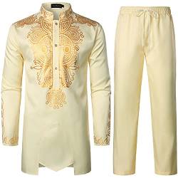 LucMatton Herren Afrikanisches 2-teiliges Set Langarm Gold Print Dashiki und Hose Outfit Traditioneller Anzug, elfenbeinfarben, S von LucMatton