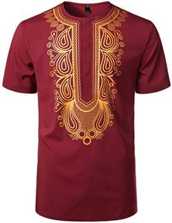 LucMatton Herren Afrikanisches traditionell bedrucktes Dashiki Luxus versteckter Knopf Kurzarm Hemd, rot, XL von LucMatton