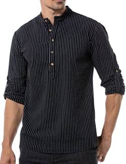 LucMatton Herren Baumwolle Retro Stil Roll-up Langarm Shirt Casual Leinenähnliche Henley Tops, Black-B, XXL von LucMatton