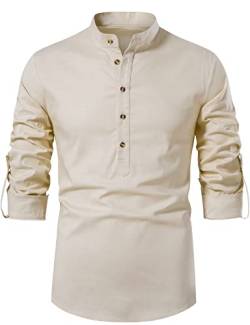 LucMatton Herren Baumwolle Retro Stil Roll-up Langarm Shirt Casual Leinenähnliche Henley Tops, leinen, XL von LucMatton