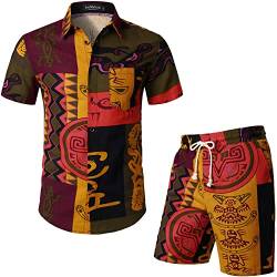 LucMatton Herren Casual 2 Stück Ethnic Style Muster Outfits Sommer Kurzarm Button-up Hemd und Shorts Sets für Boho African Hawaiian Beach Passend Orange Gelb Mittel von LucMatton