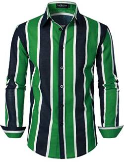 LucMatton Herren Casual Baumwolle Leinen Retro Vertikal Streifen Langarm Slim Fit Button Down Shirts, B-Marinegrün, S von LucMatton