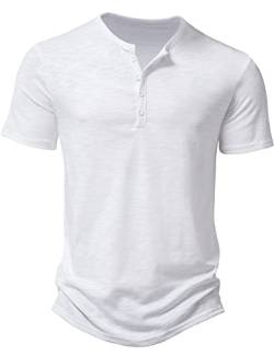 LucMatton Herren Casual Kurzarm Slim Fit Henley Shirt Stilvolle 4 Knöpfe Muskel T-Shirts, weiß, L von LucMatton