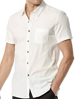 LucMatton Herren Casual Stretchy Baumwolle Leinen Kurzarm Button Down Shirt Sommer Atmungsaktiv Slim Fit Tops, weiß, S von LucMatton